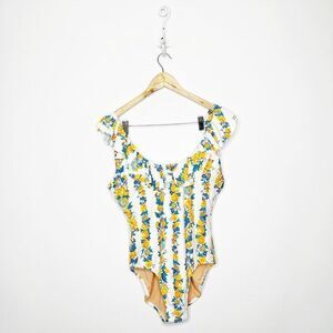 J. Crew Factory White One-Piece Swimsuit with Yellow & Blue Floral Stripes